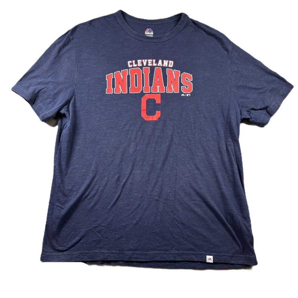Majestic Men Cleveland Indians T Shirt Lightweight Chief Wahoo Navy Blue XL P258